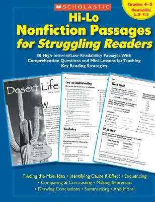 Hi-Lo Nonfiction Passages for Struggling Readers: Grades 4-5: 80 High-Interest/Low-Readability Passages with Comprehension Questions and Mini-Lessons (80 nagy érdeklődésre számot tartó/alacsony olvashatóságú passzus szövegértési kérdésekkel és mini leckékkel). - Hi-Lo Nonfiction Passages for Struggling Readers: Grades 4-5: 80 High-Interest/Low-Readability Passages with Comprehension Questions and Mini-Lessons