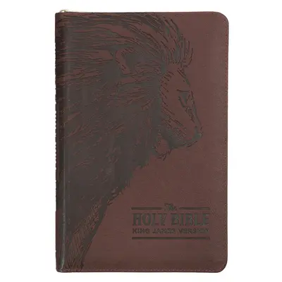 KJV Szent Biblia, Standard méretű műbőr Red Letter kiadás - hüvelykujj index és szalag jelölő, King James Version, barna oroszlános cipzáras záródású - KJV Holy Bible, Standard Size Faux Leather Red Letter Edition - Thumb Index & Ribbon Marker, King James Version, Brown Lion Zipper Closure